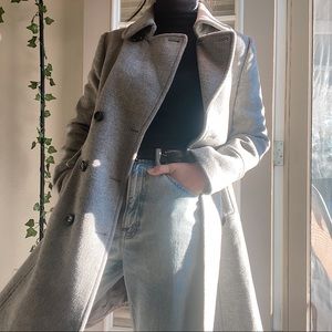 Grey thick wool daily going out double breasted long winter/fall coat w/ pockets
